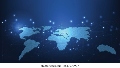 Global network connection. High-tech Network technology background with dots and lines connection system.Vector abstract technology on world map and a blue background.