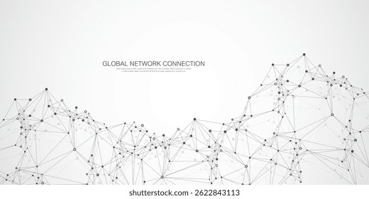 Global network connection idea template. Abstract tech network connection dots. Digital technology and big data analysis background with plexus lines. Geometric background with abstract mesh.