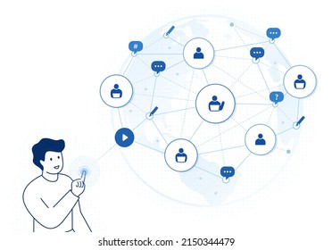 global network connection illustration: social media network, digital education, meet people online, person touching virtual screen