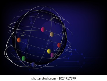 Global network connection international link technology concept. vector illustrations. worldwide web communication net on globe shape with map on dark blue background