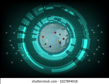 Global network connection international link technology concept. vector illustrations. worldwide web communication net on globe shape with map on dark blue green background