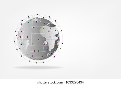 Global network connection international link technology business concept. vector illustrations. worldwide web communication net white gray globe map on white gray background with shadow and copy space
