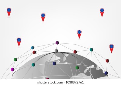 Global  network connection international link technology business concept. vector illustrations. worldwide web communication net white gray close up globe map on white gray background and copy space
