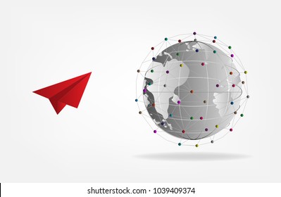 Global network connection international link technology business concept. vector illustrations. worldwide web communication net red paper plane heading to goal on white gray background