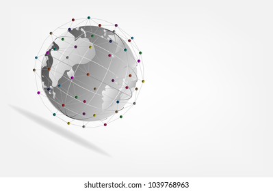 Global network connection international link technology business concept. vector illustrations. worldwide web communication net globe map on white gray background with shadow and copy space banner