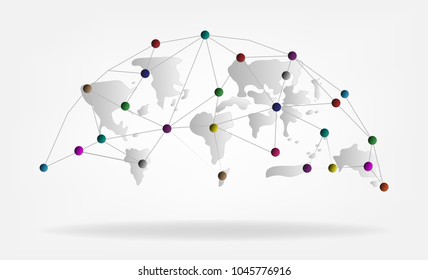 Global network connection international link technology business concept. vector illustrations. worldwide web communication net world map on white gray background with shadow 