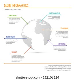 Global network connection, international meaning vector infographics with 3d dotted world globe. Business info banner with world globe illustration