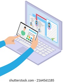 Global network connection. Internet communication. International interaction, wireless connect. Man looking for persons profile on social network with world map and people in different locations