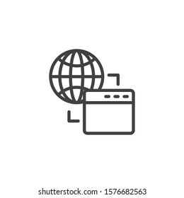 Global network connection line icon. Globe and webpage linear style sign for mobile concept and web design. Internet browser connected outline vector icon. Symbol, logo illustration. Vector graphics