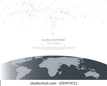 Global network connection, Low poly connecting dots and lines with world map background, Symbol of International communication, Social media and Digital device technology which spans the entire earth.