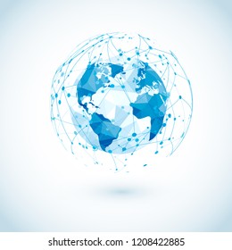 Global Network Connection. Low Polygonal World Map With Abstract Digital Communications. Dots And Lines World Wide Web Structure. Vector Illustration