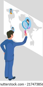Global network connection. Man looking for persons profile on social network with world map and people in different locations. Internet communication. International interaction, wireless connect