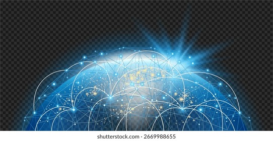 Global network connection, neon planet hologram. Vector world map point and line composition. Data visualization. Social network communication in computer infrastructures. Internet technology