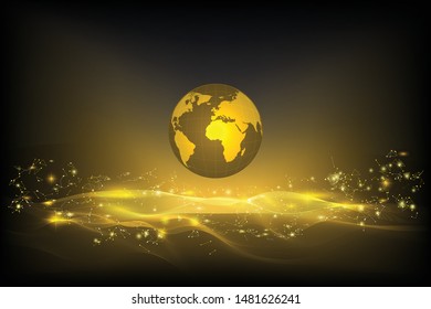 Global network connection on gold polygonal mesh background as technology, innovation and business concept. Vector Illustration.