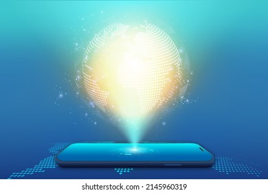 Global network connection on mobile. blue world polygonal mesh and line on smartphone as business, technology concept. vector illustration