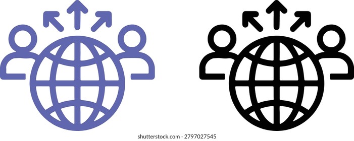 Global network connection with people icon set, line and solid flat design. International team, outsourcing, and worldwide communication symbol.