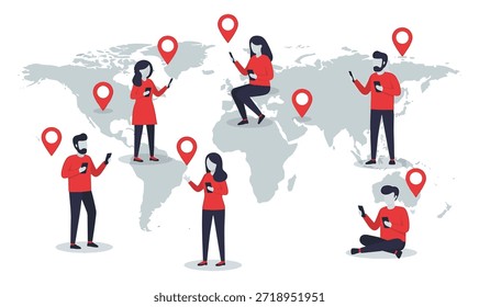 Global network connection with people using phones and map location