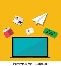 Global network connection or Social network communication concept: there are laptop, note bank, money, paper plane, document, e-mail, chat message. Flat design 
