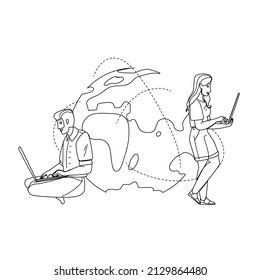 Global Network Connection Technology Black Line Pencil Drawing Vector. Man And Woman Connected Laptop Computer With Global Network. Characters Using World Internet For Communication Illustration