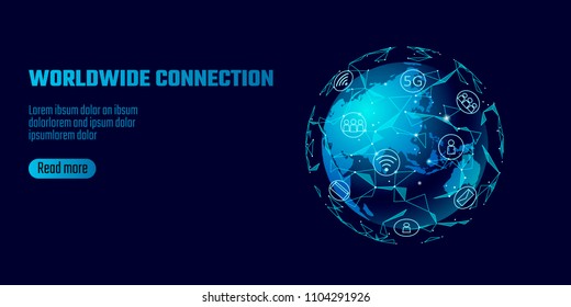 Global network connection. World map Asia continent point line worldwide information technology dat exchange business. Planet Earth space low poly polygonal render vector Illustration