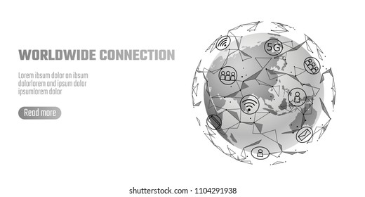 Global network connection. World map Asia continent point line worldwide information technology dat exchange business. Planet Earth space low poly polygonal render vector Illustration