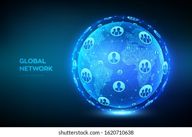 Global network connection. World map point and line composition. Earth globe. Concept of global business. Blue futuristic internet connection background. Vector Illustration.