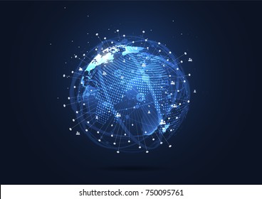 Conexão de rede global. Conceito de composição de pontos e linhas do mapa mundial de negócios globais. Ilustração vetorial