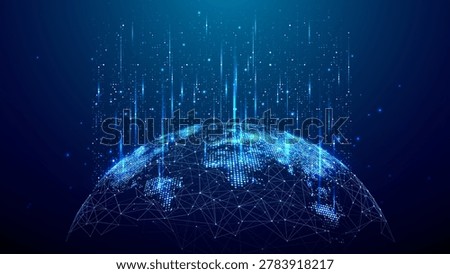 Global network connection with world map points, glowing lines and polygonal wireframe sphere. Futuristic earth technology, bright data flow and blue digital background for global business and tech vector illustration.
