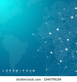 Global network connections with dotted world map. Internet connection background. Abstract connection structure. Polygonal space background. Vector illustration