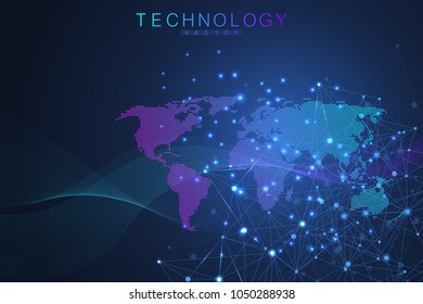 Global network connections with dotted world map. Internet connection background. Abstract connection structure. Polygonal space background. Vector illustration