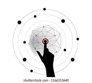 Global network connections with hand touching map point, telecommunications, ubiquitous broadband, social networking technologies concept. vector illustration.