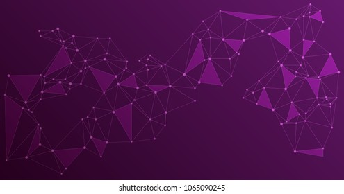Global network connections with points and lines. Interlinked nodes concept. Scientific presentation background. Network nodes. Social media, big data cloud structure of connected violet points.