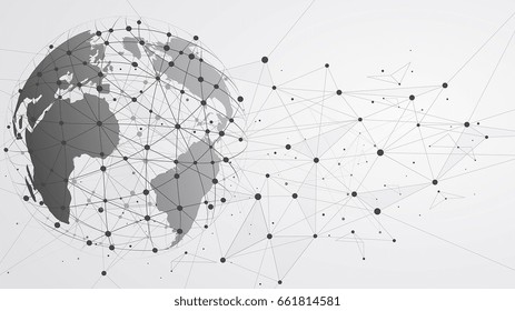 Global network connections with points and lines. Wireframe of network communications with a world map.