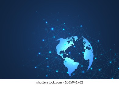 Global network connections with world map. Internet connection background. Abstract connection structure. Polygonal space background. Vector illustration