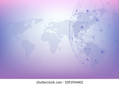 Global network connections with world map. Internet connection background. Abstract connection structure. Polygonal space background. Vector illustration