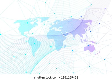 Global network connections with world map. Internet connection background. Abstract connection structure. Polygonal space background. Vector illustration.