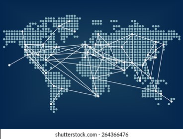 Global network connectivity represented by dark blue world map with connected lines between cities