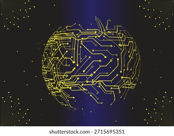 Conectividade de rede global representada por uma esfera de circuito futurista em um fundo digital escuro