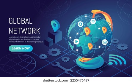 Global network dark. Modern technologies and digital world. Communication and interaction on Internet, cyberspace. Globe with pins, geolocation. Cartoon isometric vector illustration