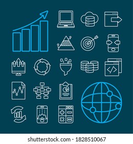 global network and data analysis icon set over blue background, line style, vector illustration