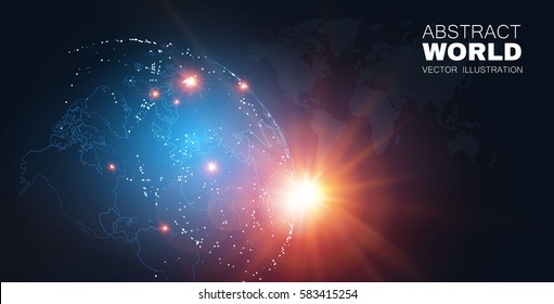 Global Network Design. Traffic and Communication Space. Earth and Sun Cosmos Design. World Map Points. Vector illustration