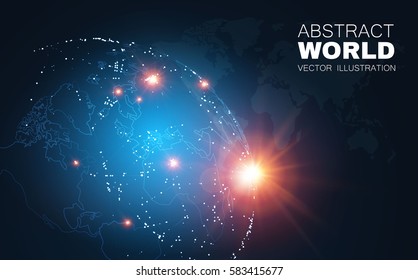 Global Network Design. Traffic and Communication Space. Earth and Sun Cosmos Design. World Map Points. Vector illustration