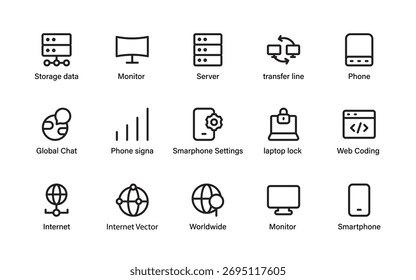 Colección global de iconos de conectividad de red y dispositivo. con servidor, teléfono inteligente, Internet, chat y almacenamiento.