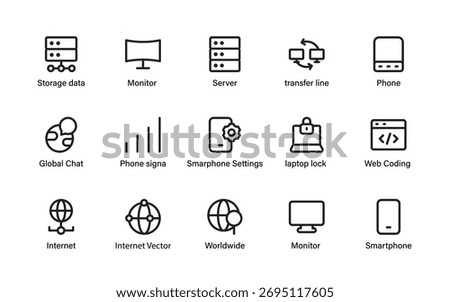 Global network and device connectivity icon collection. featuring server, smartphone, internet, chat, and storage.