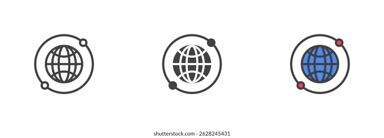 Global network different style icon set. Line, glyph and filled outline colorful version, outline and filled vector sign. Earth Orbiting symbol, logo illustration. Vector graphics