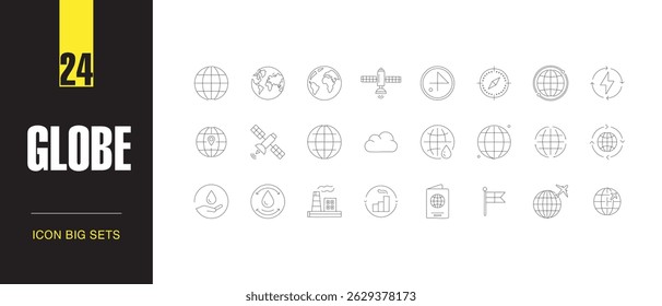 Global Network y Earth Globe Line Icon Set Símbolos de mapa del mundo mínimos y editables para Web, App y diseño de interfaz de usuario