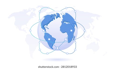 Global Network Earth Globe with World Map Background and Connected Orbit Lines for International Communication, Internet Technology, Data Exchange and Global Business Vector Illustration