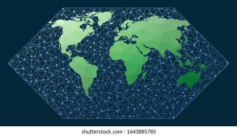 Global network. Eckert I projection. Green low poly world map with network background. Superb connections map for infographics or presentation. Vector illustration.