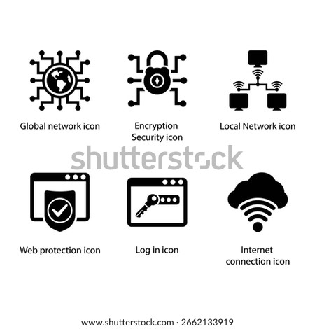 Global network, Encryption Security, Local Network, Web protection, Log in, Internet connection, icon