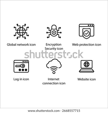 Global network, Encryption Security, Web protection, Log in, Internet connection, Website, icon, Line icon Set